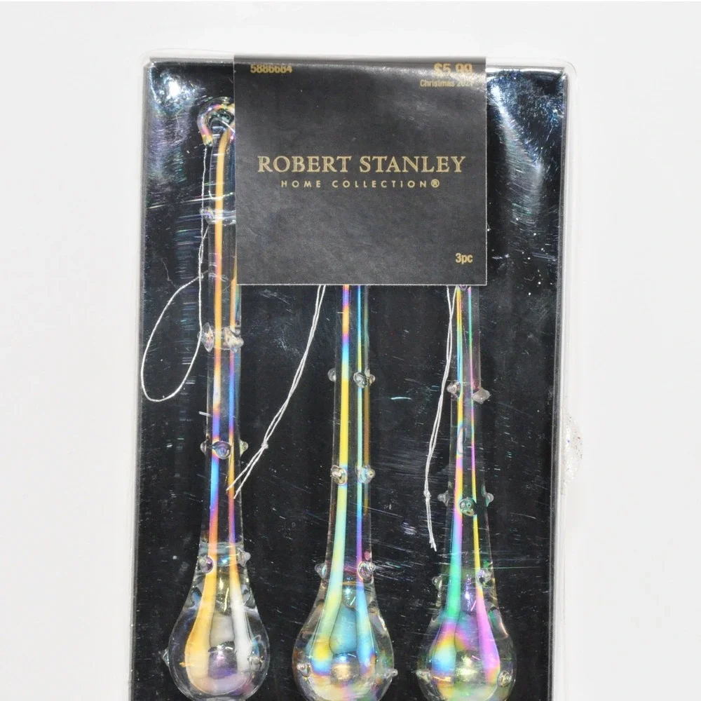 Robert Stanley Icicle Ornaments 3pc Iridescent Glass New Holiday Decor 2021‎